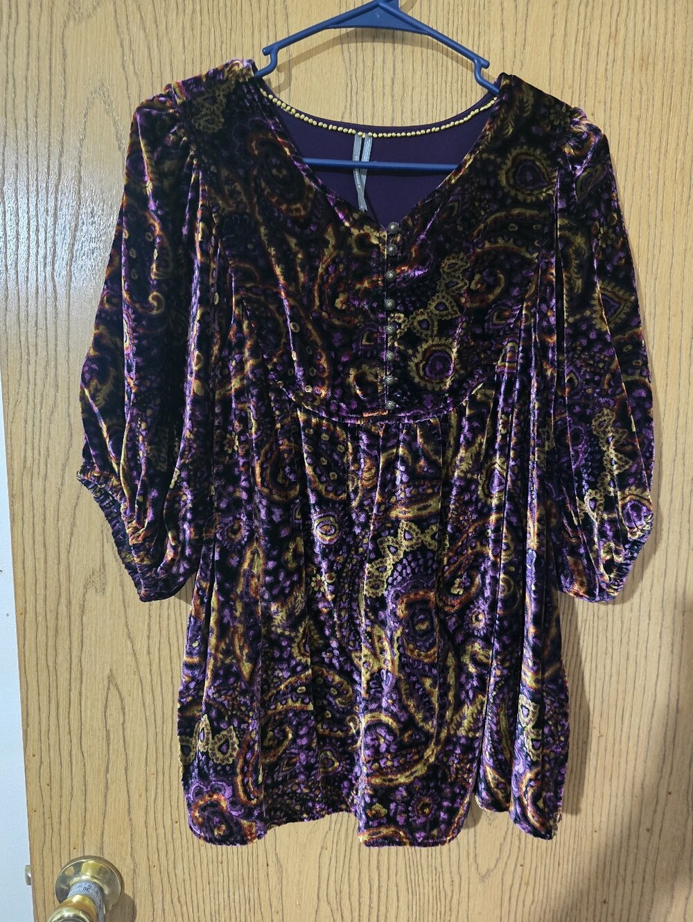 Anthropologie Velvet Paisley Button-Front Dress in Purple & Gold - Picture 2 of 3